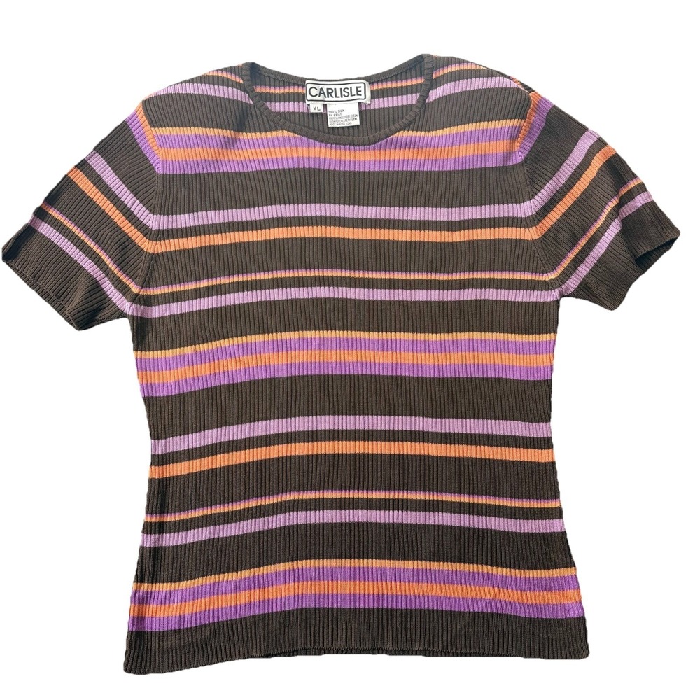 Vintage Carlisle Silk Knit Top Womens XL Stripe Retro Shoulder Pad Shirt Luxury